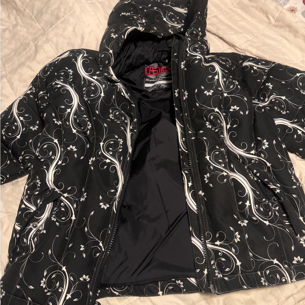 Castle Black and White Floral Hooded snowmobile jacket